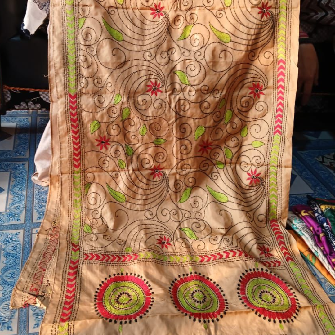 Beige stole with green and red floral pattern
