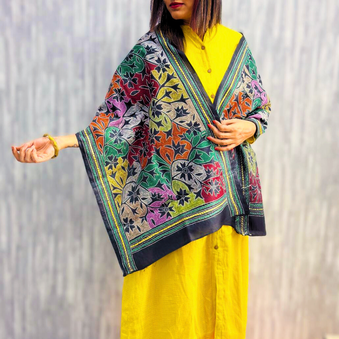 Indian woman wearing handcrafted black multicolor stole