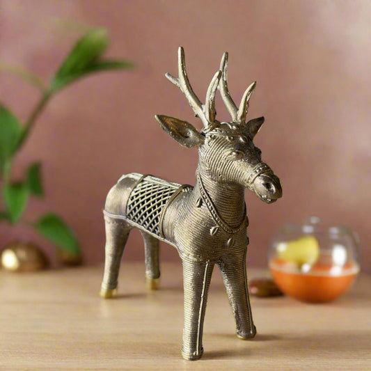 Extra Large Brass Deer Figurines – Dokra Handmade Pair from Odisha - ArtisanSoul