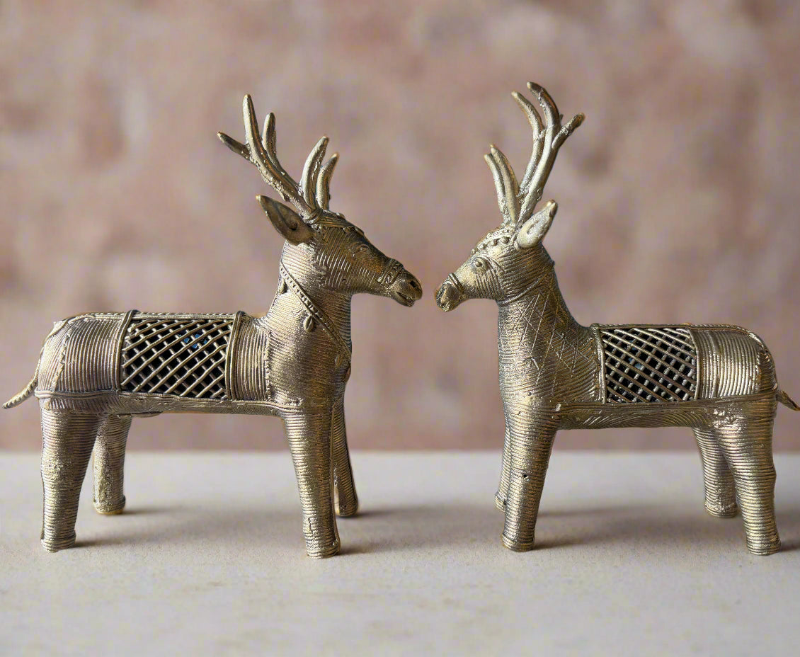 Extra Large Brass Deer Figurines – Dokra Handmade Pair from Odisha - ArtisanSoul