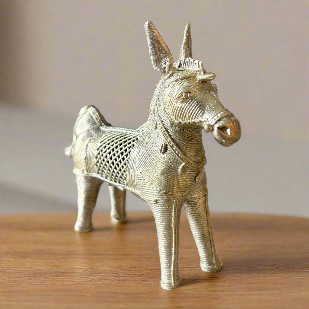 Extra large handcrafted brass horse figurine pair in Dokra tribal style from Dhenkanal, Odisha