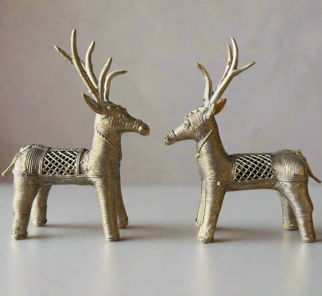 Large Brass Deer Figurines – Handmade Dokra Pair from Odisha - ArtisanSoul