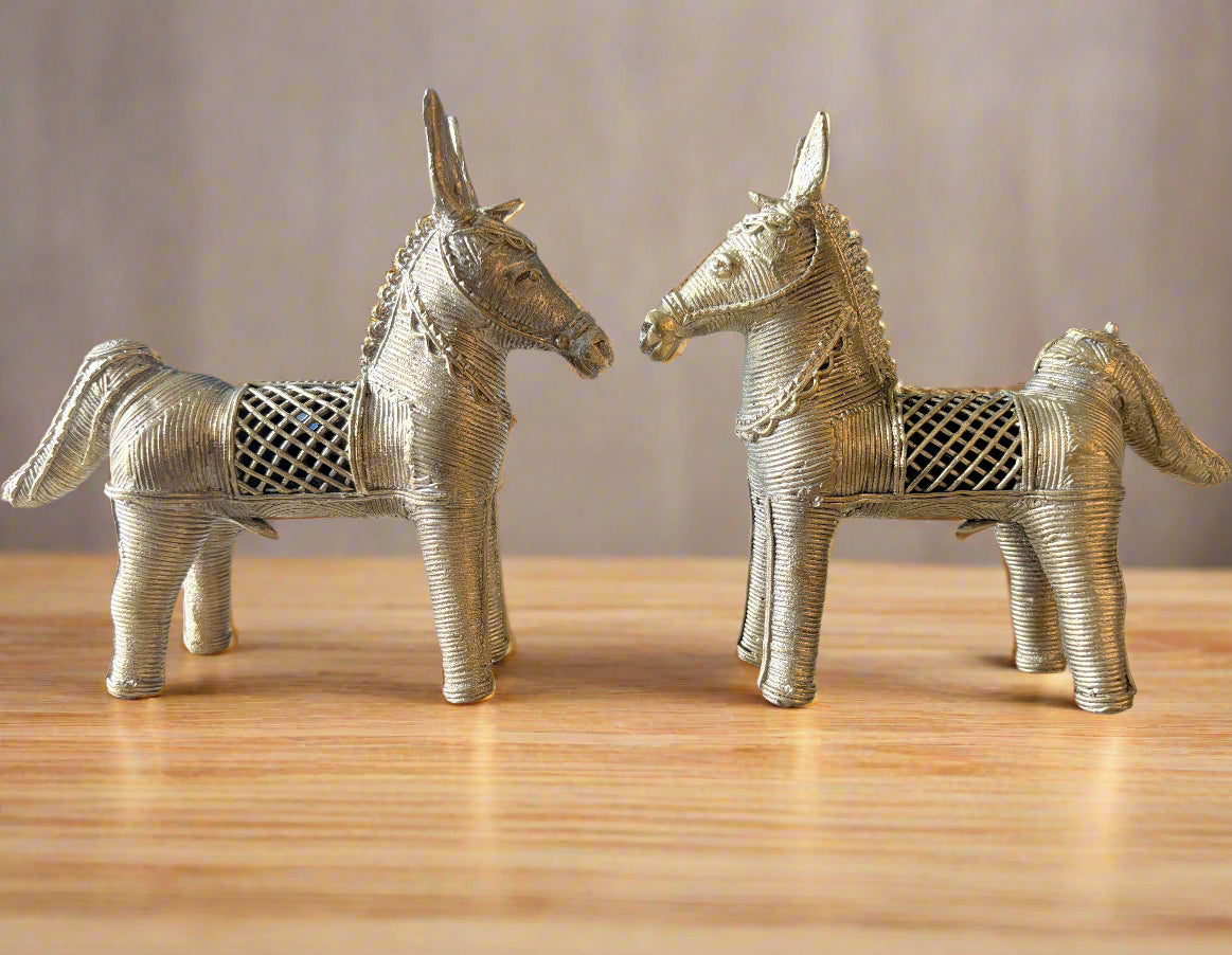 Large handcrafted brass horse pair in traditional Dokra art from Dhenkanal, Odisha