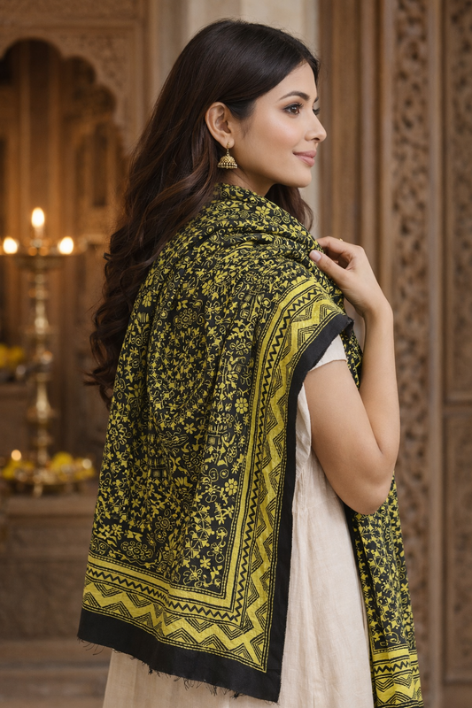 Handcrafted Premium Kantha Stitch Stole – Black & Mustard Ethnic Design