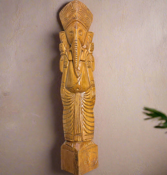 Wooden Hanging Ganesha Statue – 18 Inch Handcrafted Wall Decor for Home - ArtisanSoul