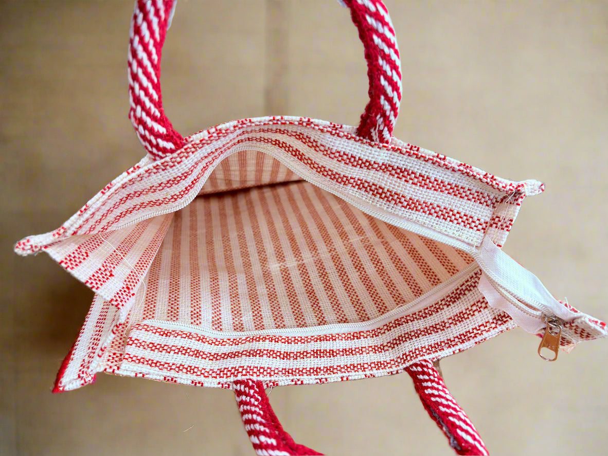 Red Jute Multipurpose Bag with Extra Pocket – Striped Eco-Friendly Tote - ArtisanSoul