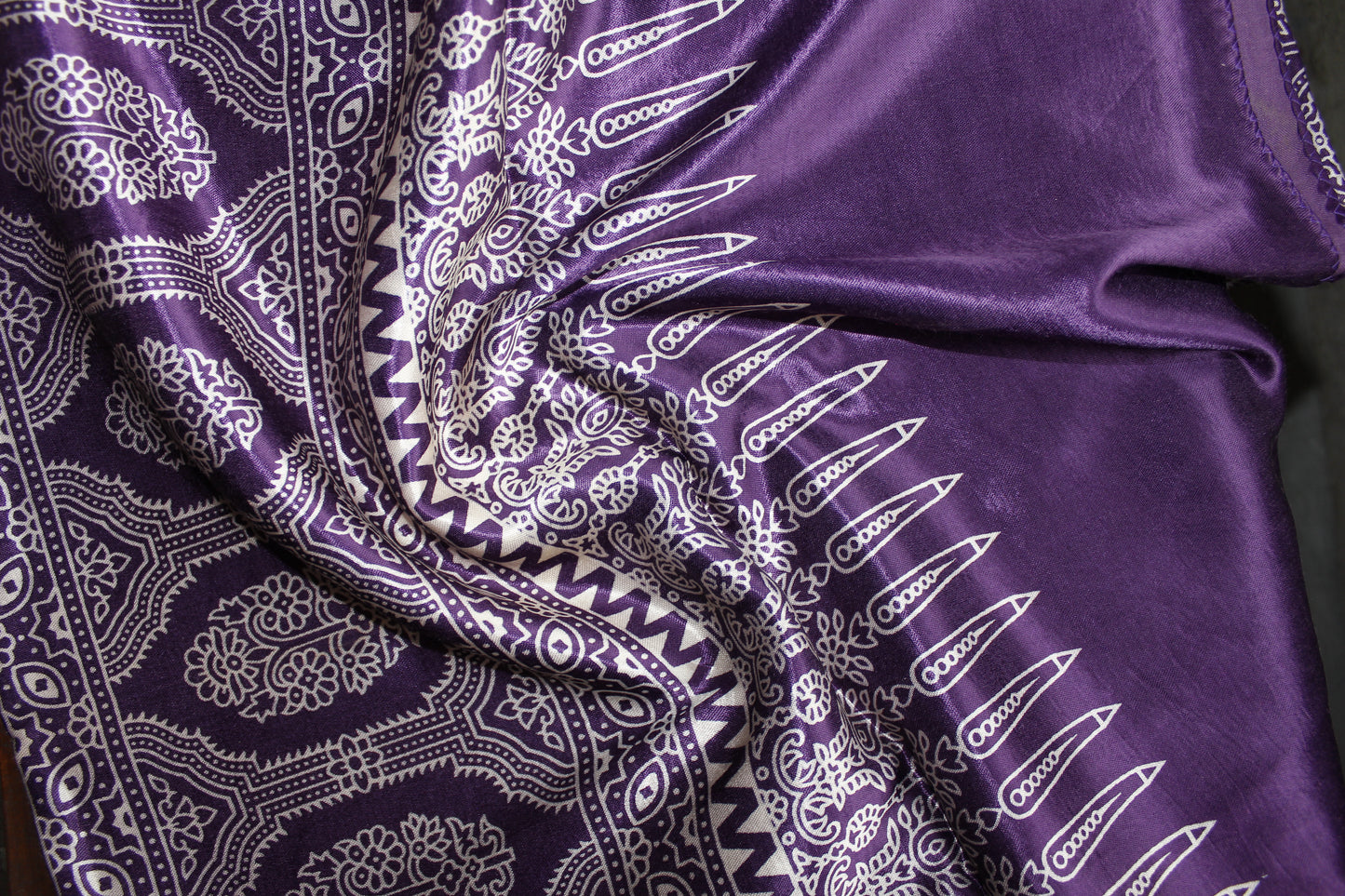 Ajrakh Print Modal Silk Stole From Bengal - Violet - ArtisanSoul