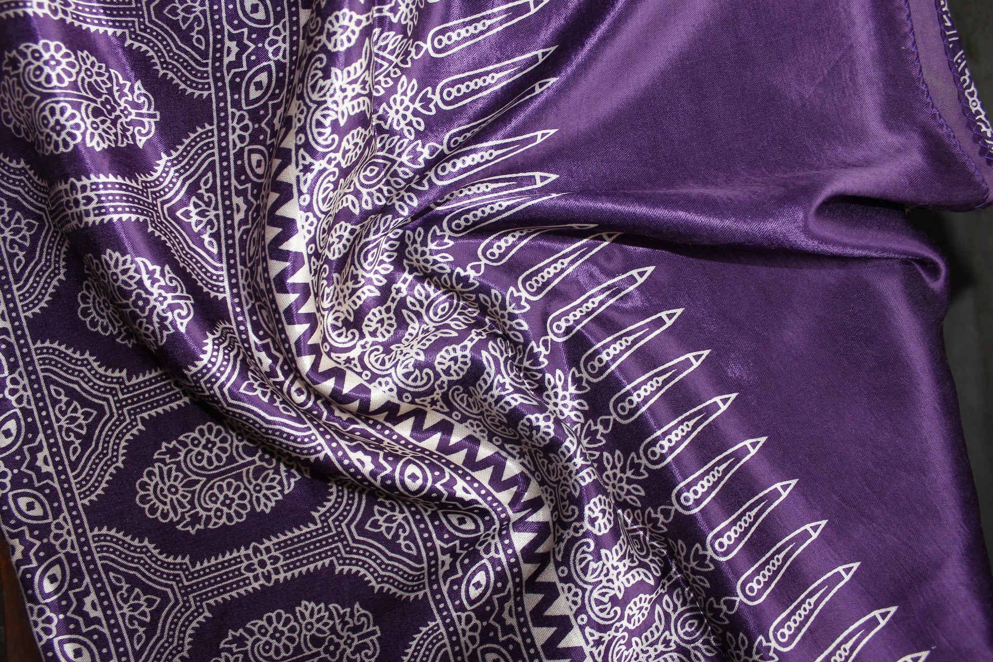 Ajrakh Print Modal Silk Stole From Bengal - Violet - ArtisanSoul