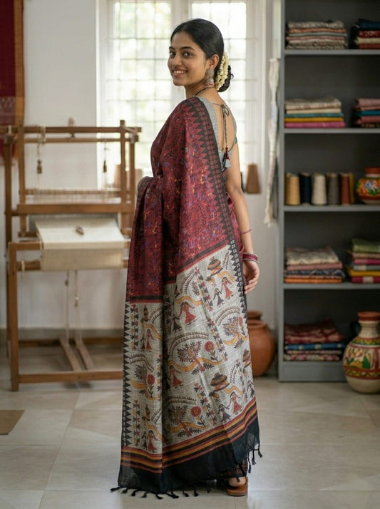 Make a bold ethnic statement with this elegant Maroon Madhubani Print Saree.