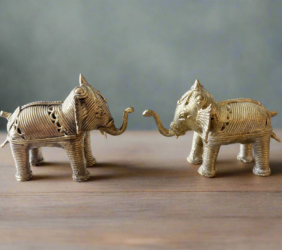 Medium Dokra brass elephant set – handcrafted tribal decor from Dhenkanal, Odisha