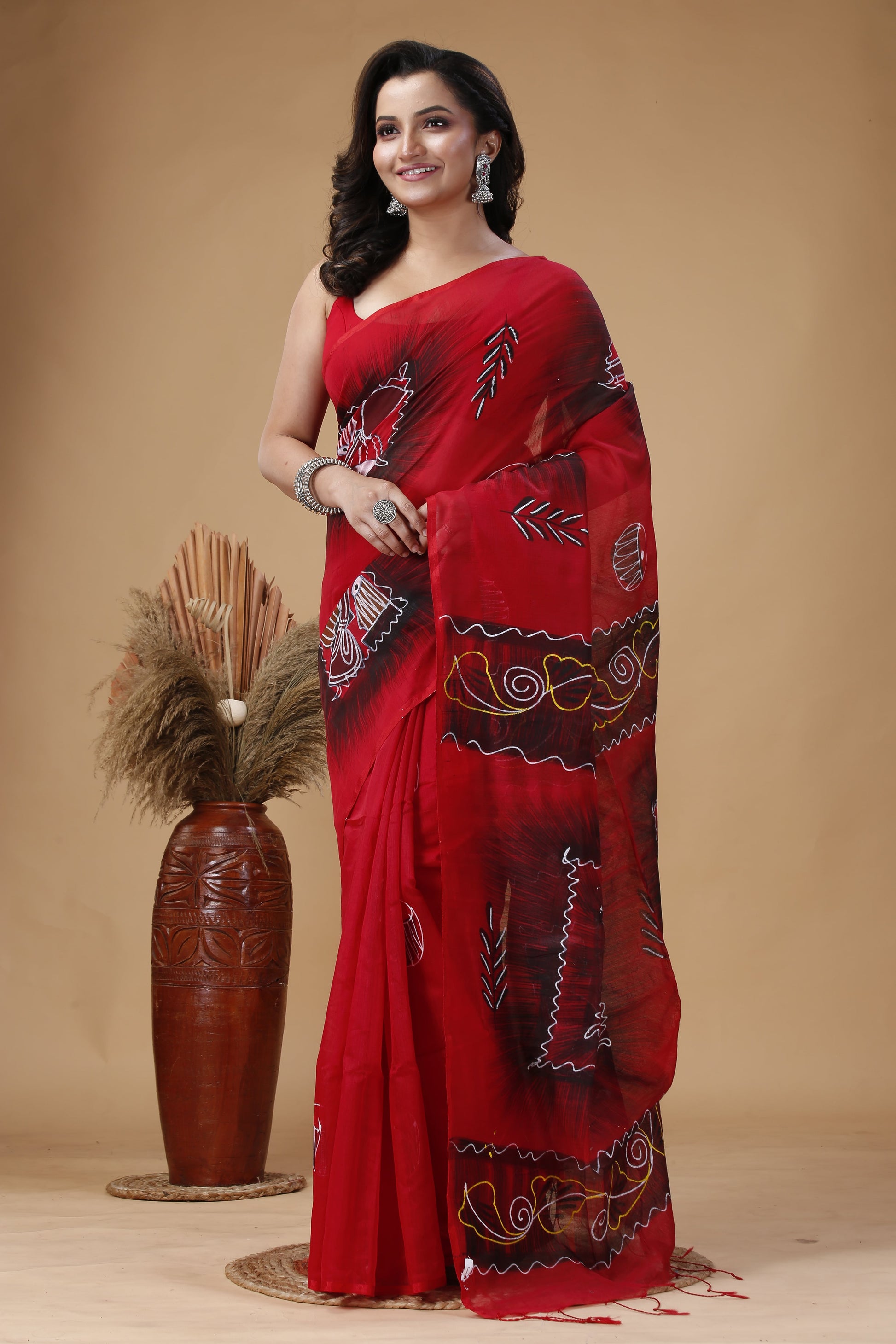 Handwoven Nadia Red silk cotton saree – lightweight traditional Indian saree for festive and formal occasions