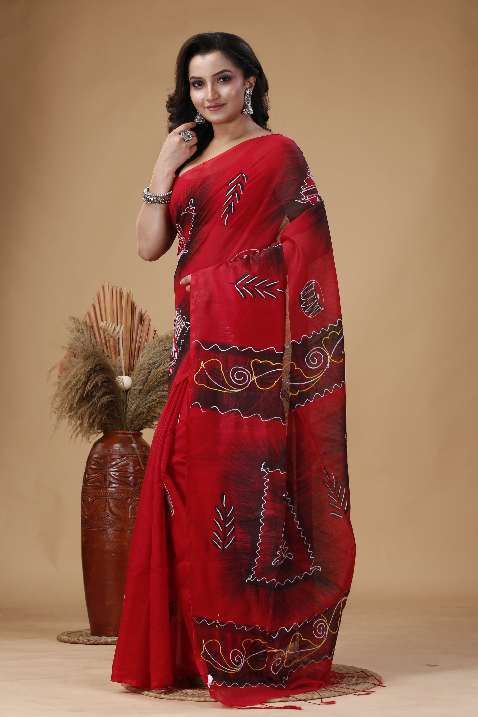 Handwoven Nadia Red silk cotton saree – lightweight traditional Indian saree for festive and formal occasions