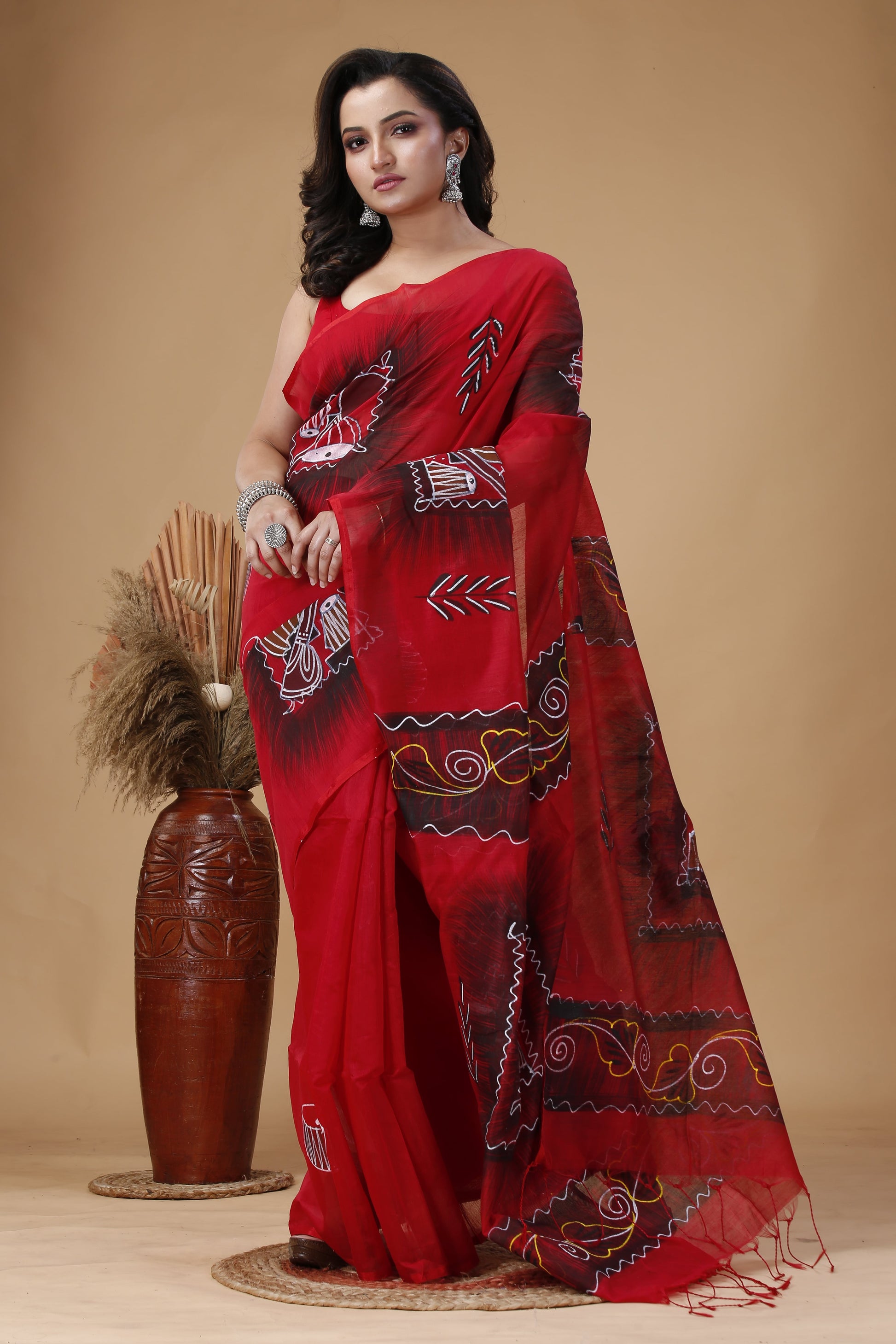 Handwoven Nadia Red silk cotton saree – lightweight traditional Indian saree for festive and formal occasions
