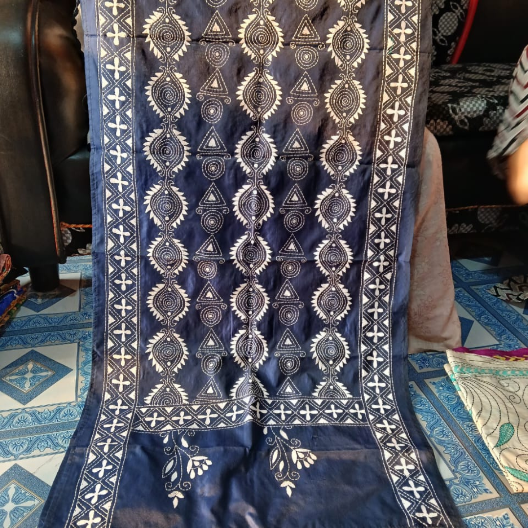 Navy blue stole with white traditional hand embroidery and geometric motifs, perfect for elegant ethnic styling.