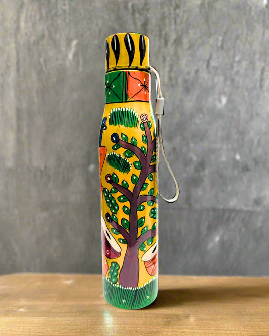 Pattachitra handpainted 1 litre steel water bottle from Bengal, eco-friendly sustainable artware