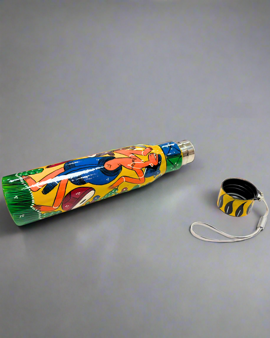 Pattachitra handpainted 1 litre steel water bottle from Bengal, eco-friendly sustainable artware