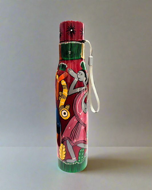 Pattachitra handpainted 1 litre steel water bottle from Odisha, eco-friendly sustainable artware