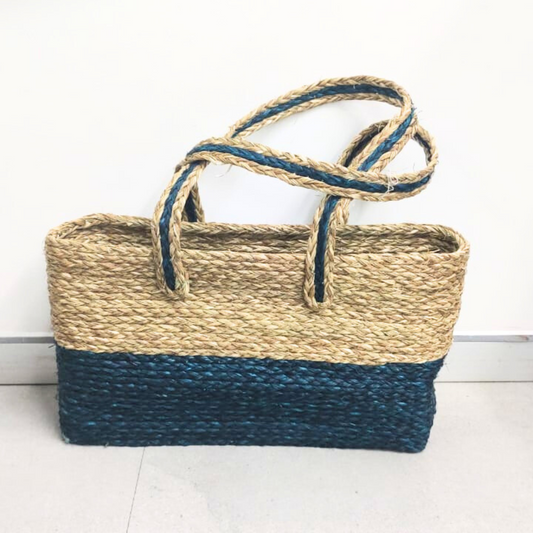 Hand bag of Sabai Grass from Bengal - Blue & Natural - ArtisanSoul