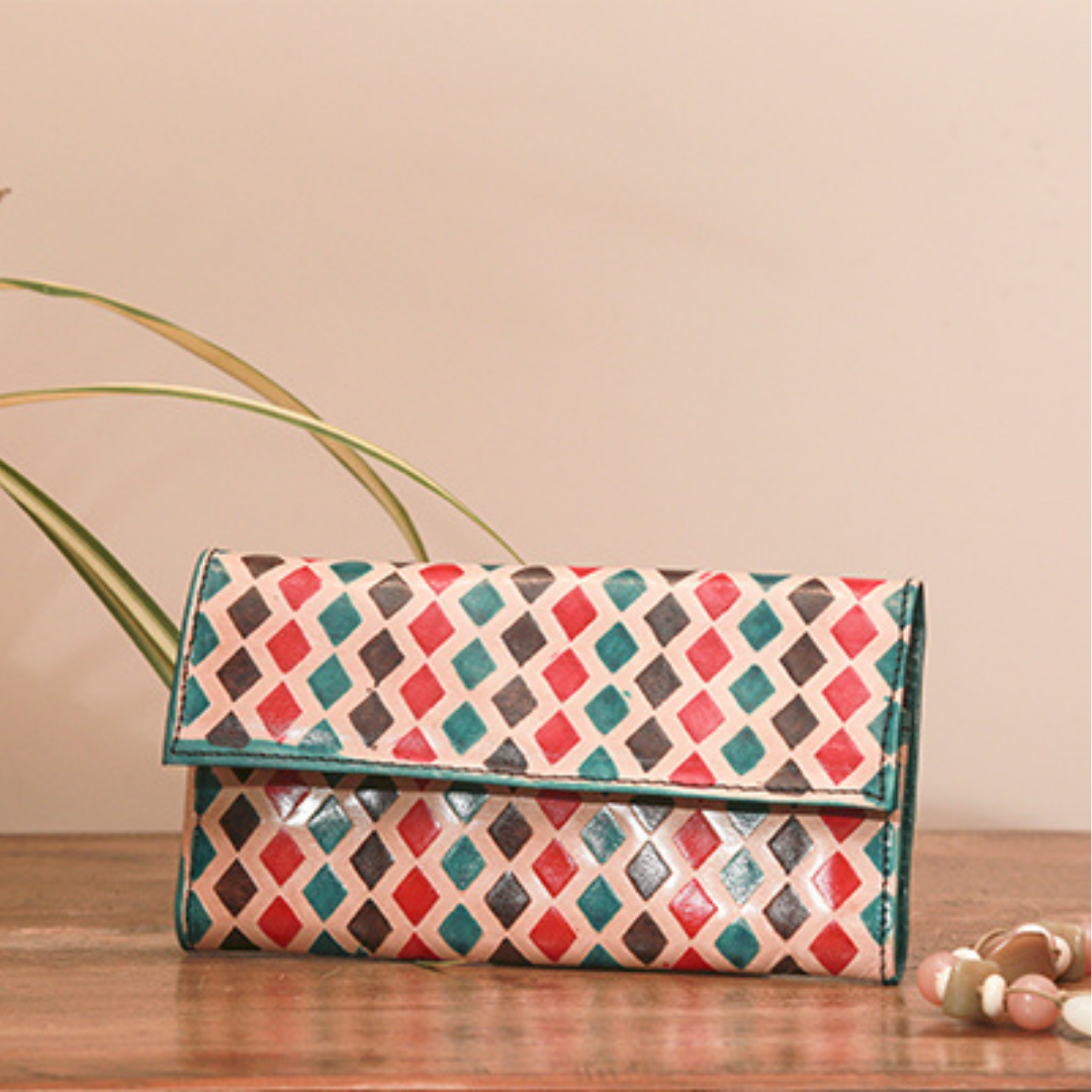 Embossed Leather Purse for Women from Birbhum - Diamond Design. - ArtisanSoul