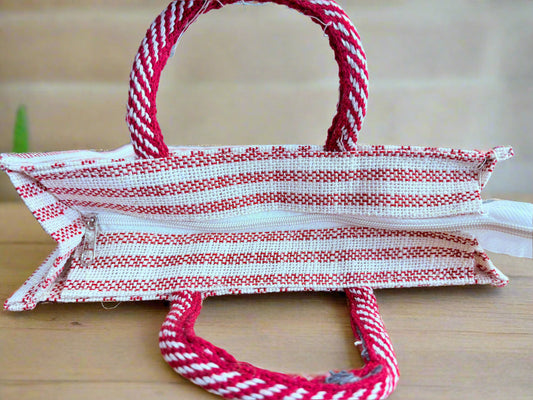 Red Jute Multipurpose Bag with Extra Pocket – Striped Eco-Friendly Tote - ArtisanSoul