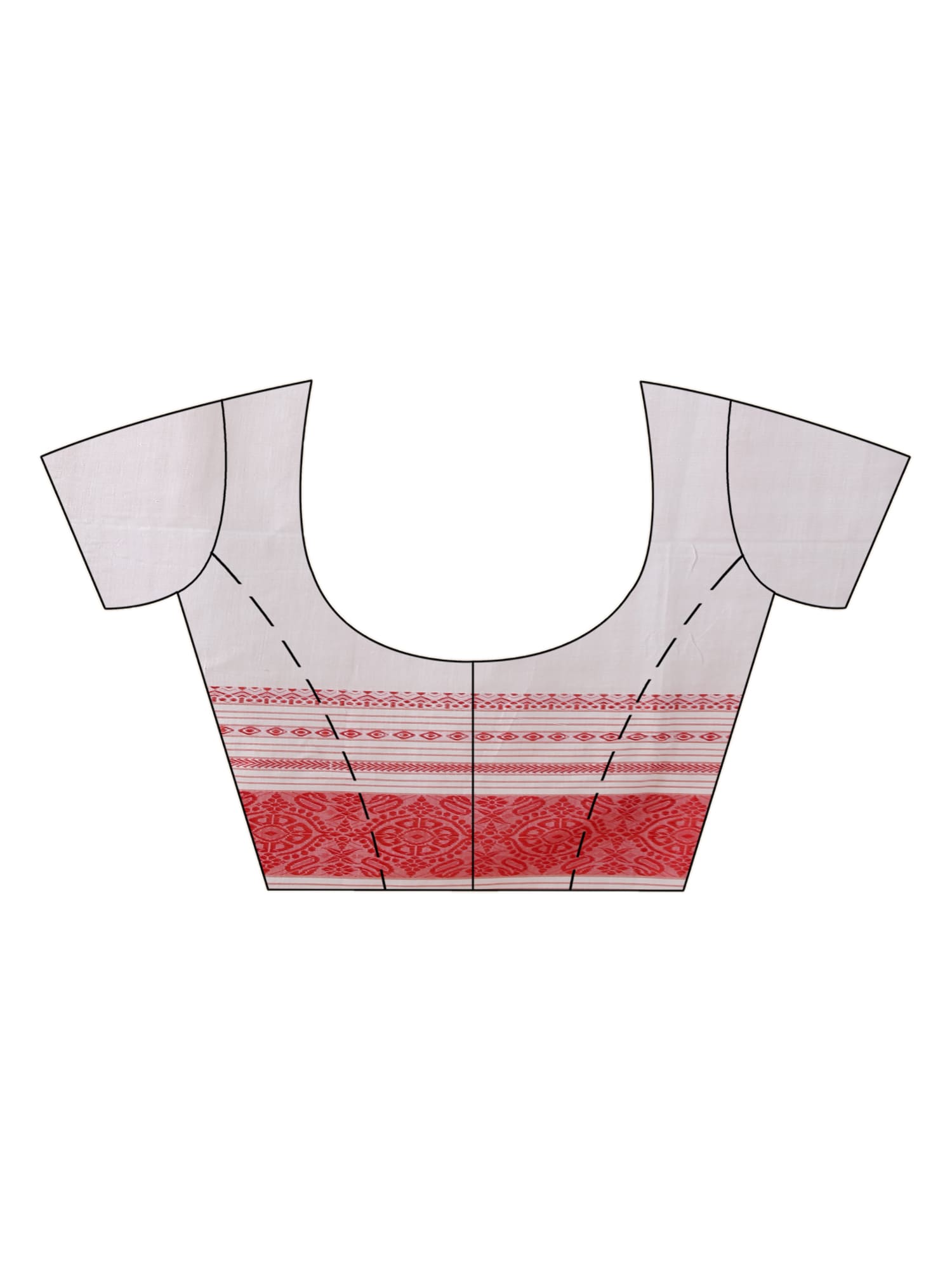 Sewing pattern for a blouse with red and white design on a white background