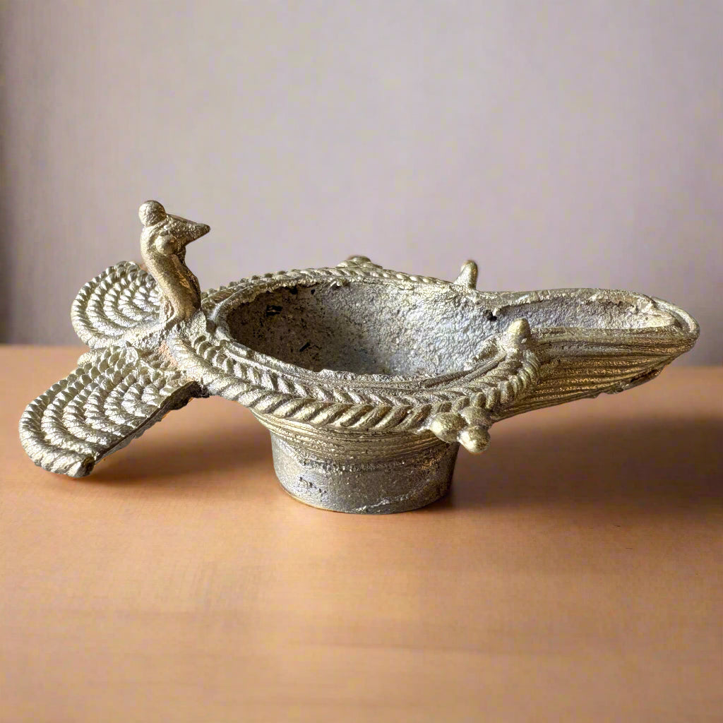 Small Dokra Brass Standing Diya Set – Handmade Oil Lamps from Odisha - ArtisanSoul