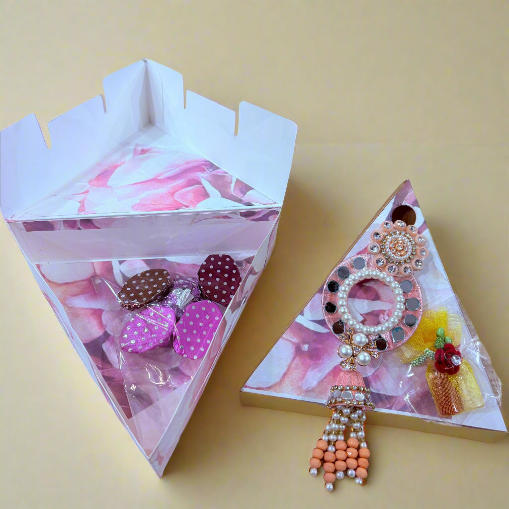 Triangle Rakhi gift box with handmade chocolates and Roli-Chawal for Raksha Bandhan