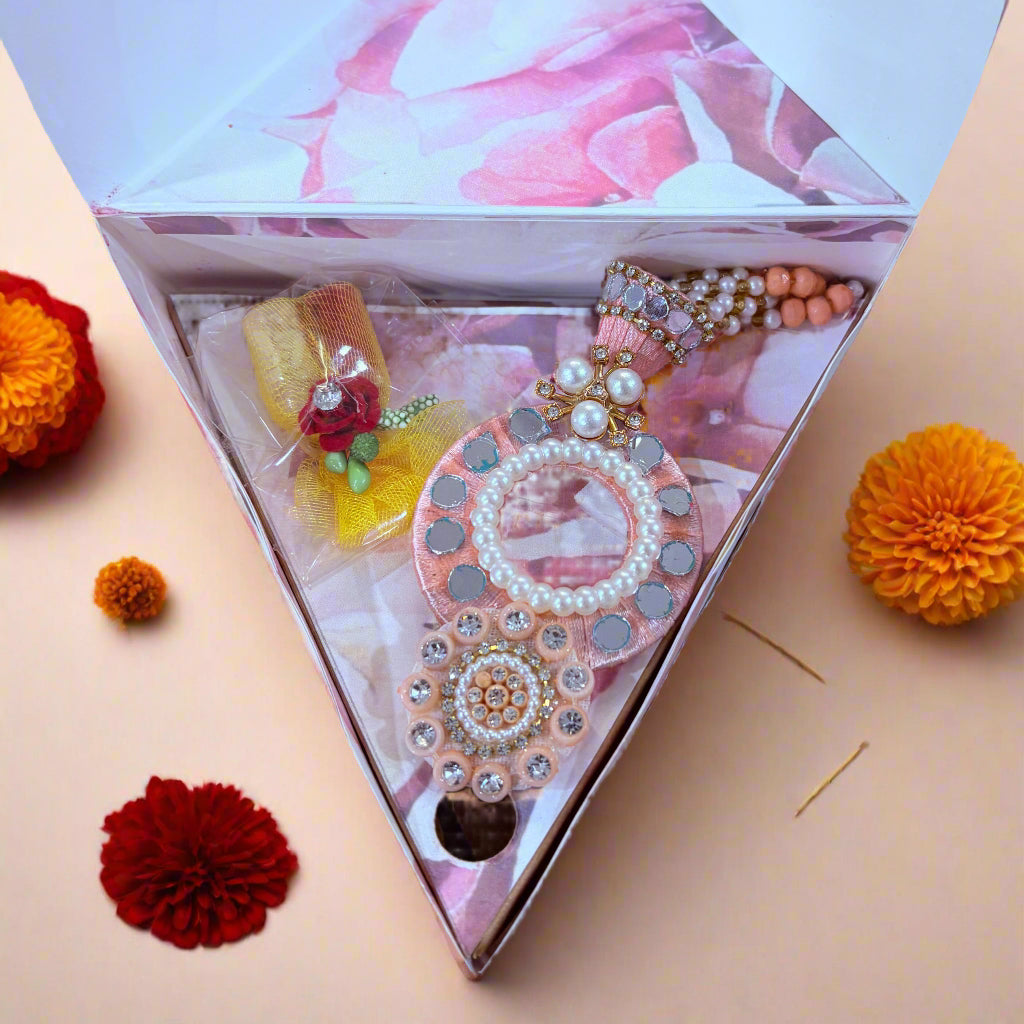 Triangle Rakhi gift box with handmade chocolates and Roli-Chawal for Raksha Bandhan