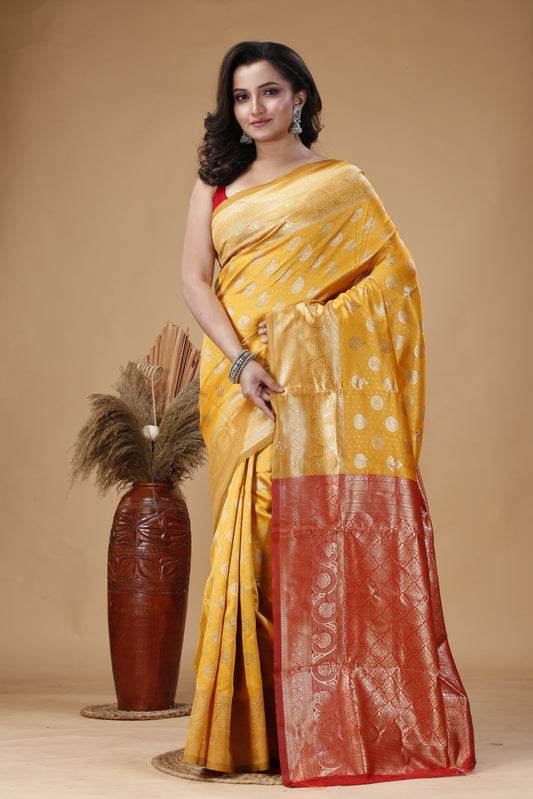 Red & Gold Banarasi Pashmina Silk Saree – Dual Tone Handwoven Saree