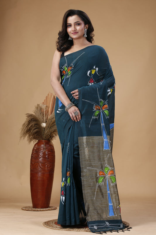 Hand Printed Khaadi Cotton Saree – Traditional Bengal Saree