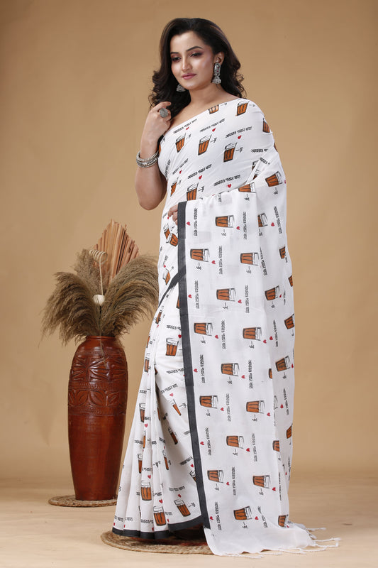 Bengal Handloom Cotton Saree with Khaadi Chai Cup Print – Traditional Ethnic Wear