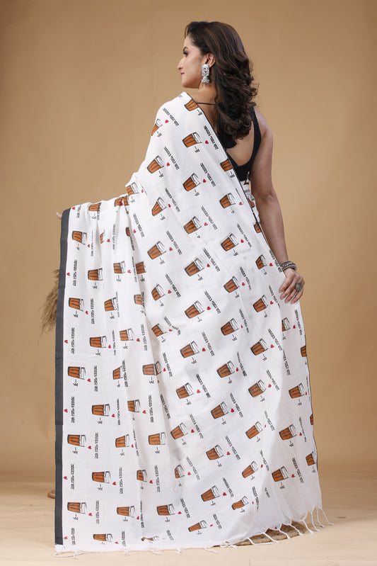 Bengal Handloom Cotton Saree with Khaadi Chai Cup Print – Traditional Ethnic Wear