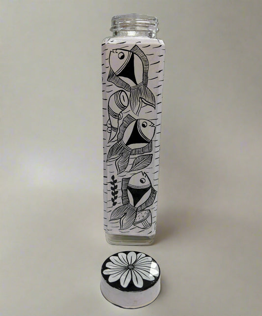 Pattachitra handpainted 1 litre glass water bottle eco-friendly artisan craft white 2 
.