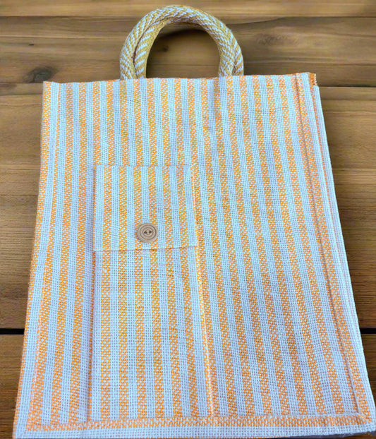 Yellow Jute Multipurpose Bag with Extra Pocket – Striped Eco-Friendly Tote - ArtisanSoul