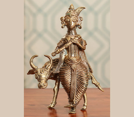 Crafted in Dokra from Burdwan - Lord Krishna and Kamdhenu - ArtisanSoul