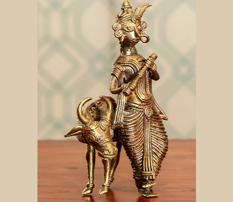 Crafted in Dokra from Burdwan - Lord Krishna and Kamdhenu - ArtisanSoul