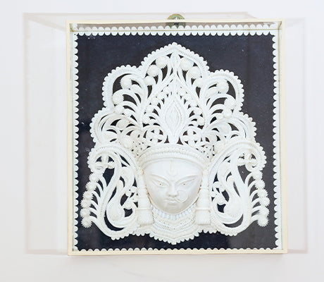 Durga Face - Sholapith Work on Blue Background - ArtisanSoul