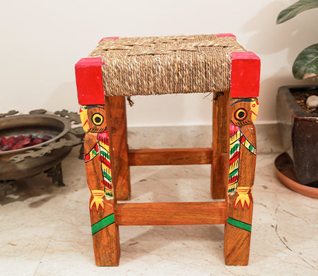 Wooden Stool - Handcrafted in Burdwan - Red - ArtisanSoul