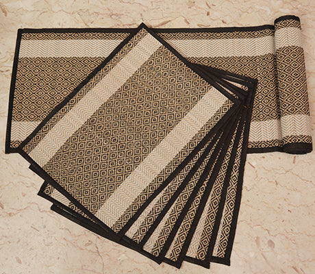 Madurkathi Table Mats - White Borders on Black - ArtisanSoul
