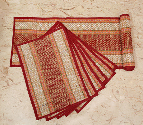 Madur Kathi Handloom Table mat with Runner - Red with white border -  ArtisanSoul