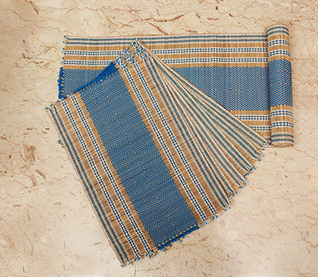 Madur Kathi Handcrafted Table mat with Runner - Blue with white - ArtisanSoul
