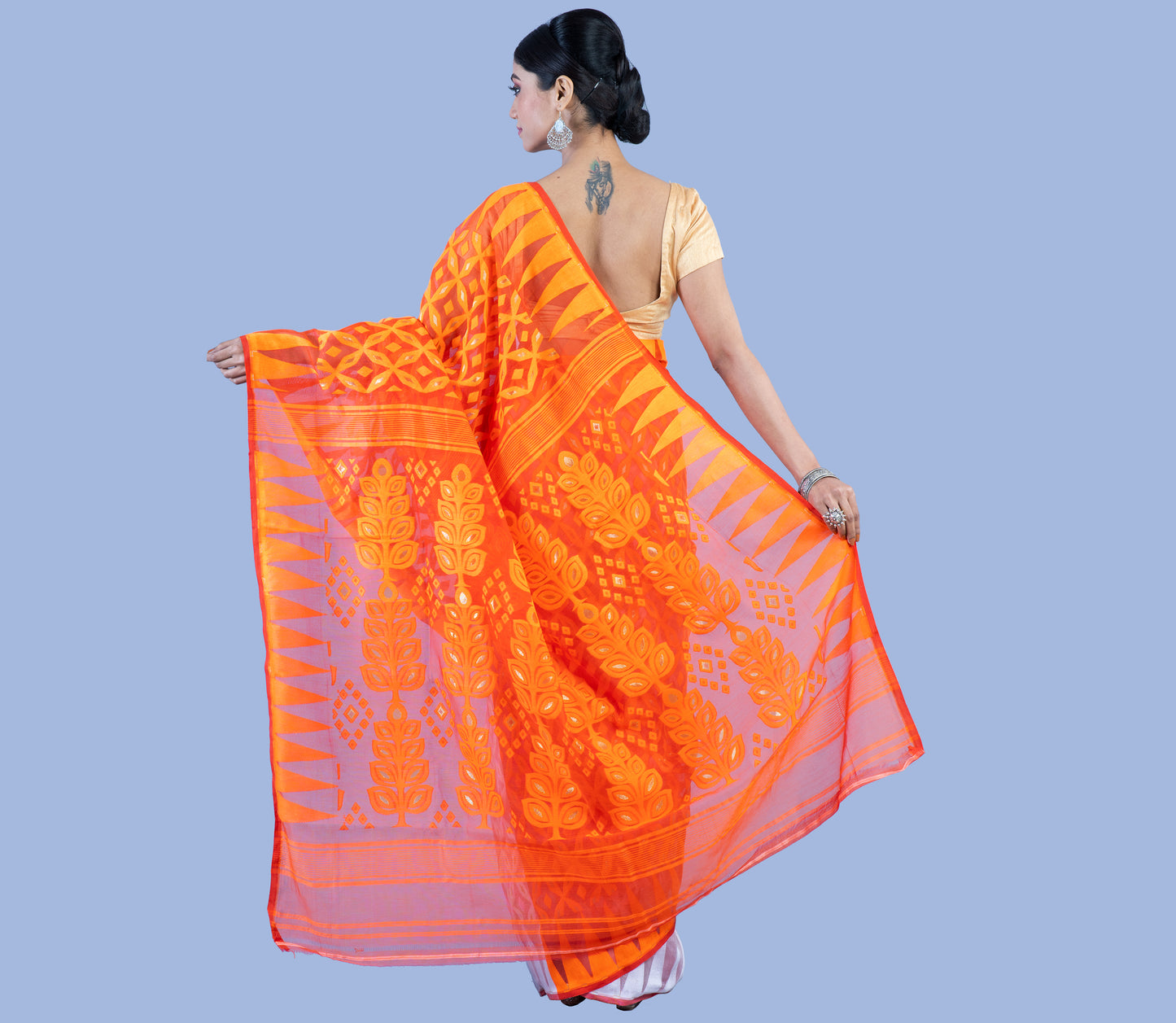 Handloom Jamdani Saree - Orange and White - ArtisanSoul