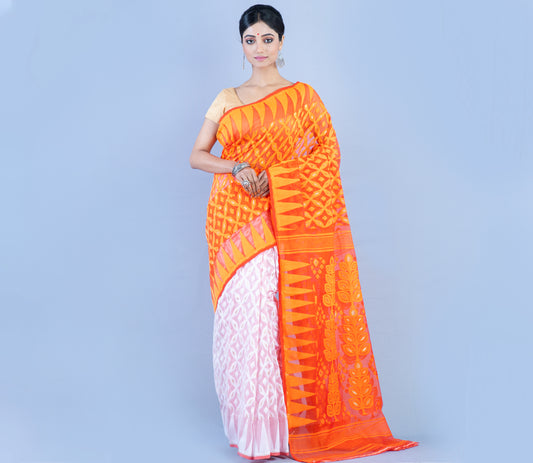 Handloom Jamdani Saree - Orange and White - ArtisanSoul