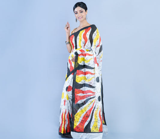 Printed Cotton Handloom Saree - Yellow Red Black On White - ArtisanSoul