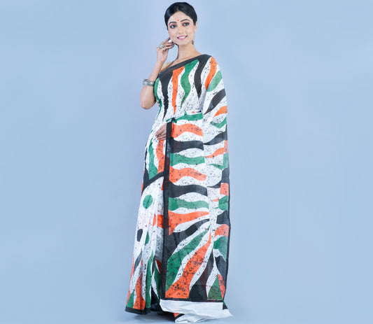 Handloom Printed Cotton Saree - Green Black Orange on White - ArtisanSoul