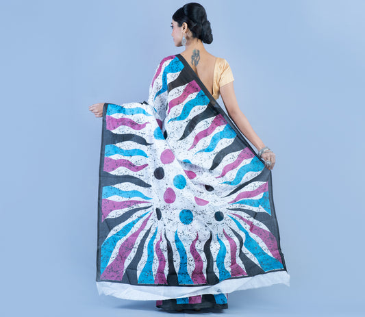 Handloom Printed Cotton Saree - Purple Blue Black on White - ArtisanSoul
