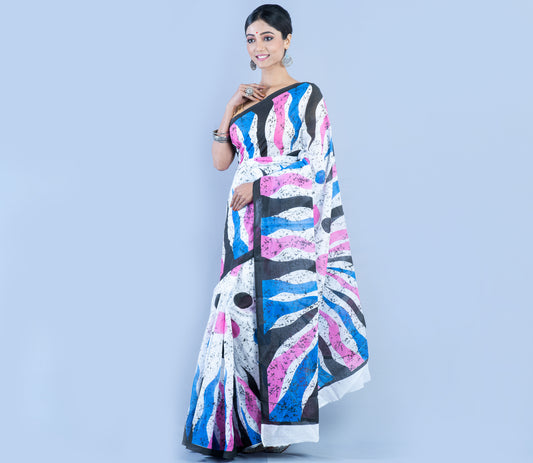 Printed handloom Cotton Saree - Pink Blue Black On White - ArtisanSoul
