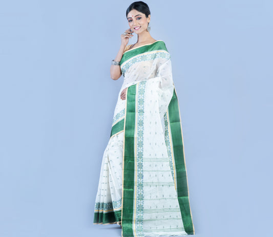 Handloom Tant Saree - Green On White - ArtisanSoul