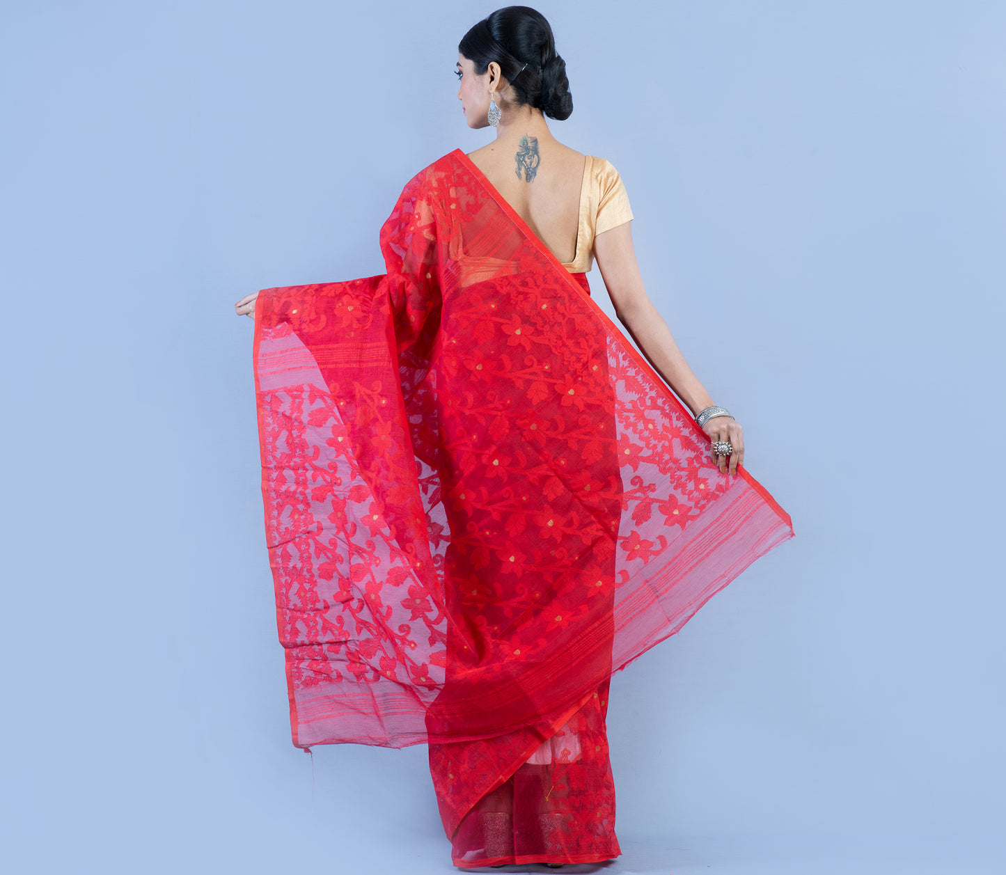 Handloom Jamdani Saree With all Body Work - Red - ArtisanSoul