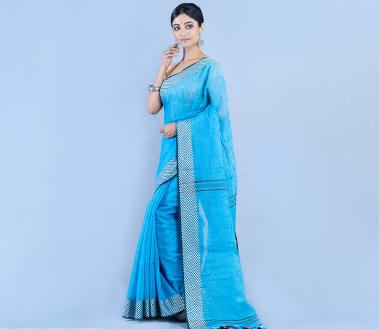 Handloom Saree - Blue With Checkered Zari Par - ArtisanSoul